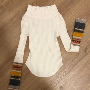 Free People Cream Sweater with Multicolor Sleeves